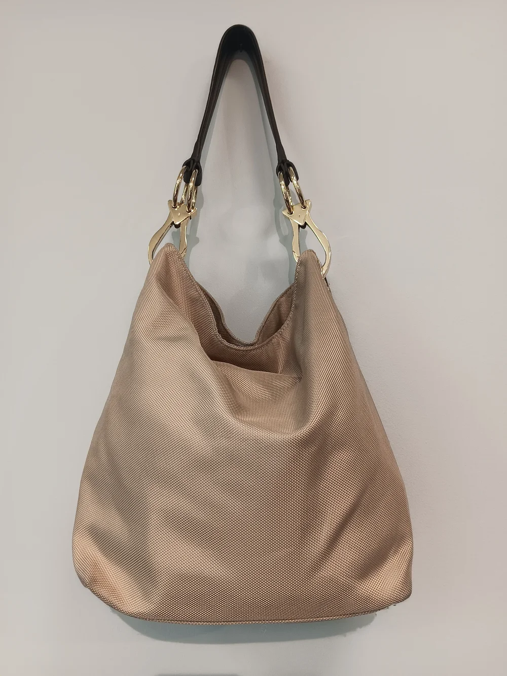 JPK Paris 75 Tan/Gold Nylon Hobo Shoulder Bag Gold Hardware Signature Hooks